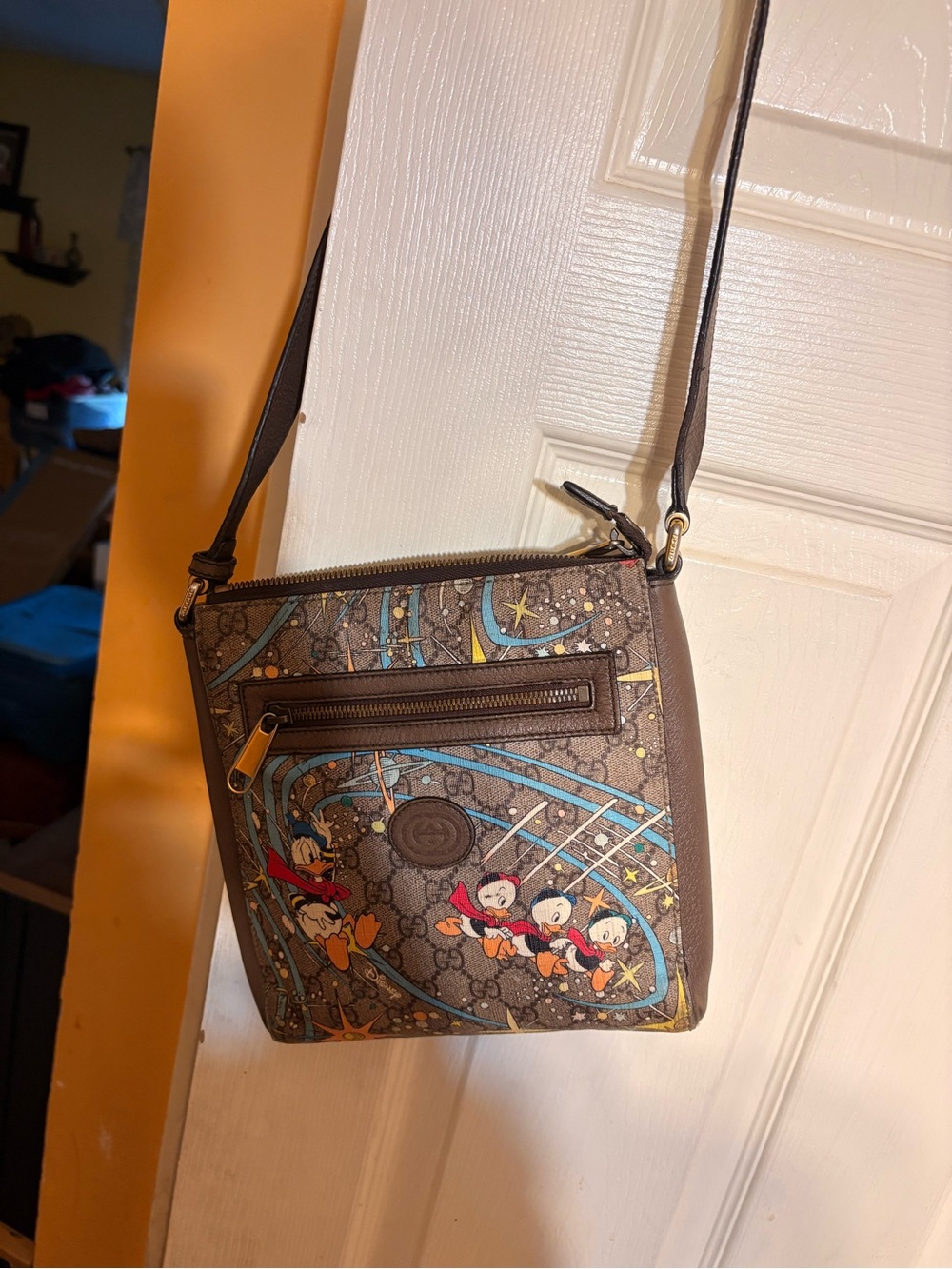 Designer Brown Canvas Crossbody Bag with Cartoon Print